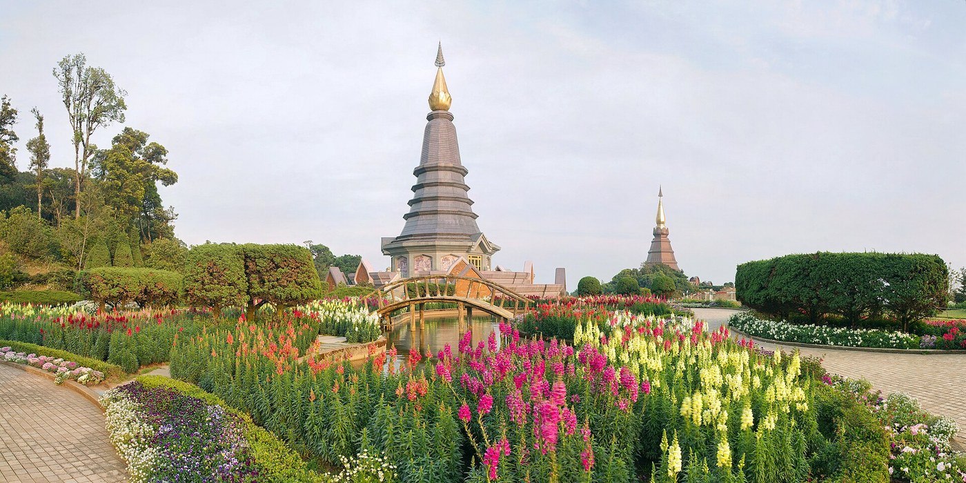 Flower gardens surround the royal twin pagodas at Doi Inthanon (photographed in 2013)