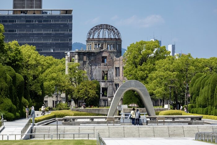 The Atomic Bomb Dome, seen alongside Hiroshima Peace Memorial Park and its museum.