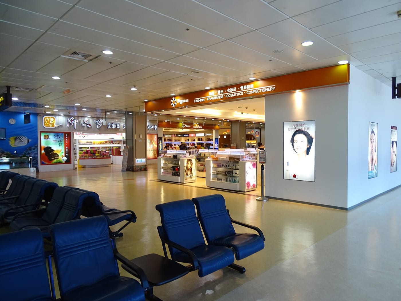 Seats and shops inside Penghu Airport terminal
