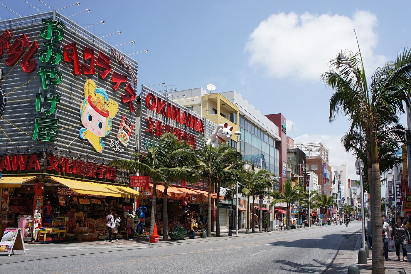 Shops, signs and palm trees along Kokusai-dori in Naha