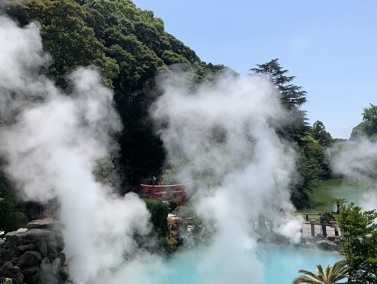 Beppu's hot-spring landscape, visited before continuing to Kurokawa.