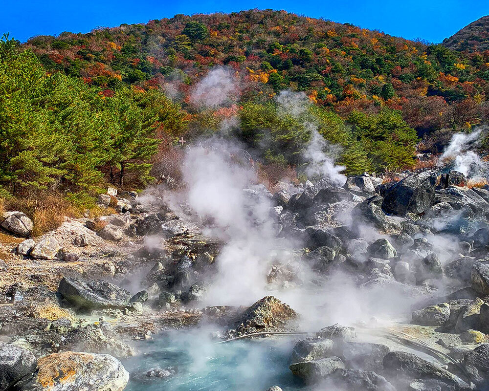 Steam rising from the geothermal area of Unzen Jigoku.