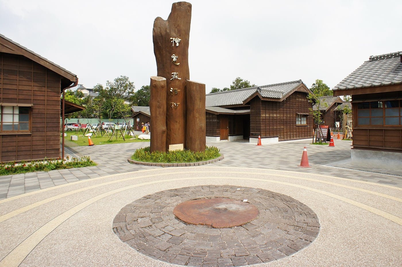 Wooden buildings at Hinoki Village in Chiayi, part of the arrival-day old-town walk.