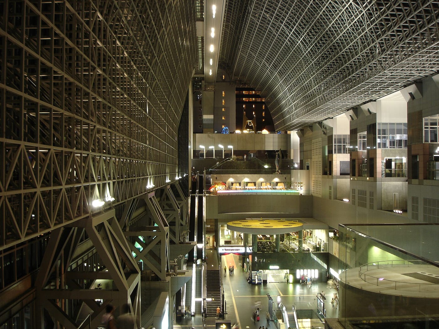 The steel roof and multiple levels of the central hall at Kyoto Station