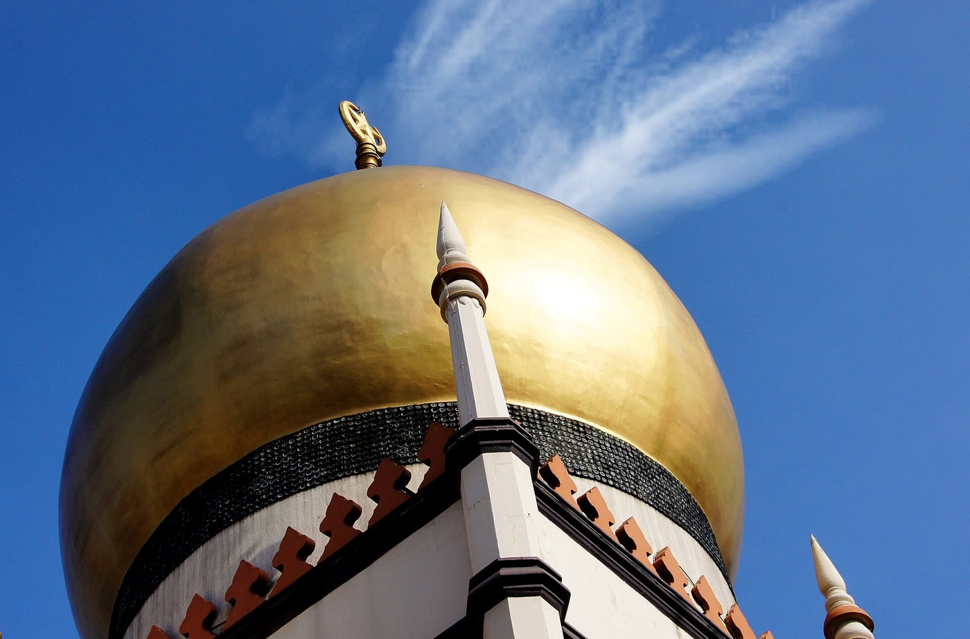 Golden dome and exterior detail of Sultan Mosque in Kampong Glam