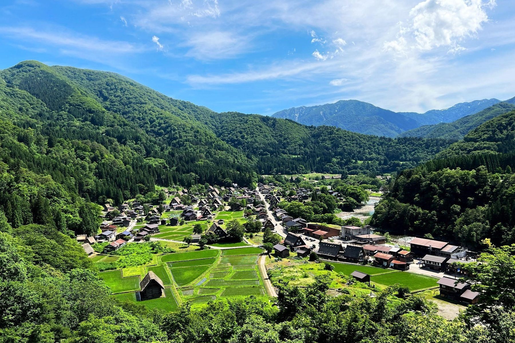 Gassho-zukuri houses in Shirakawa-go. Separate village walking from the viewpoint outing.